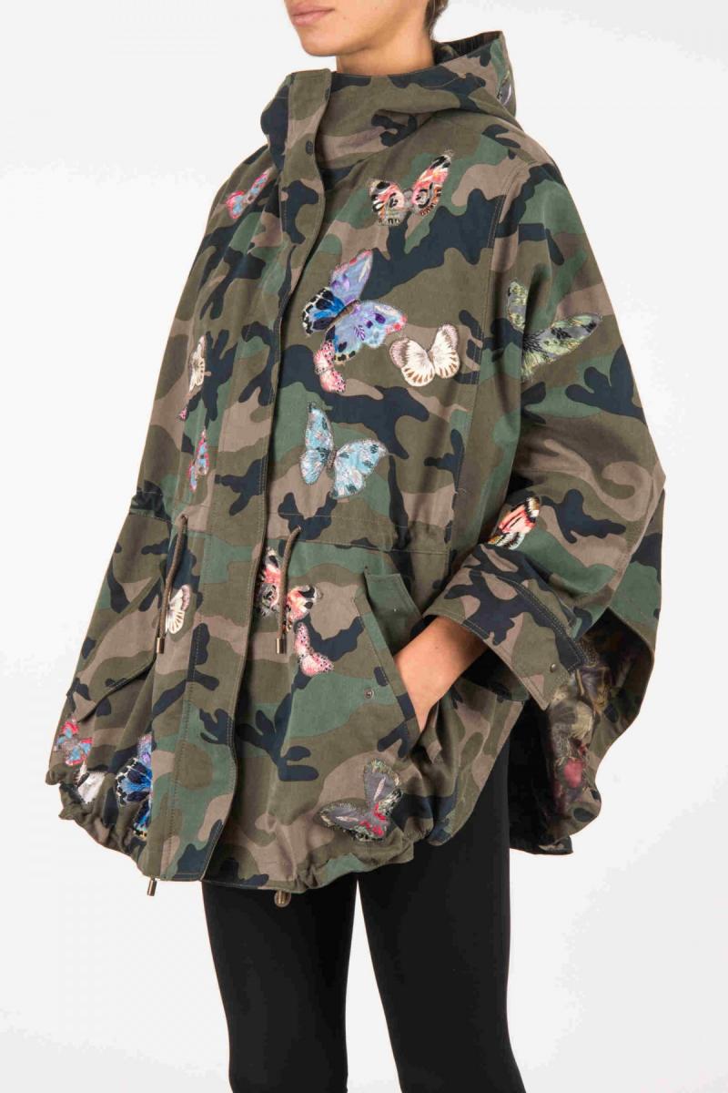 VALENTINO Camouflage parka + embroidered butterflies