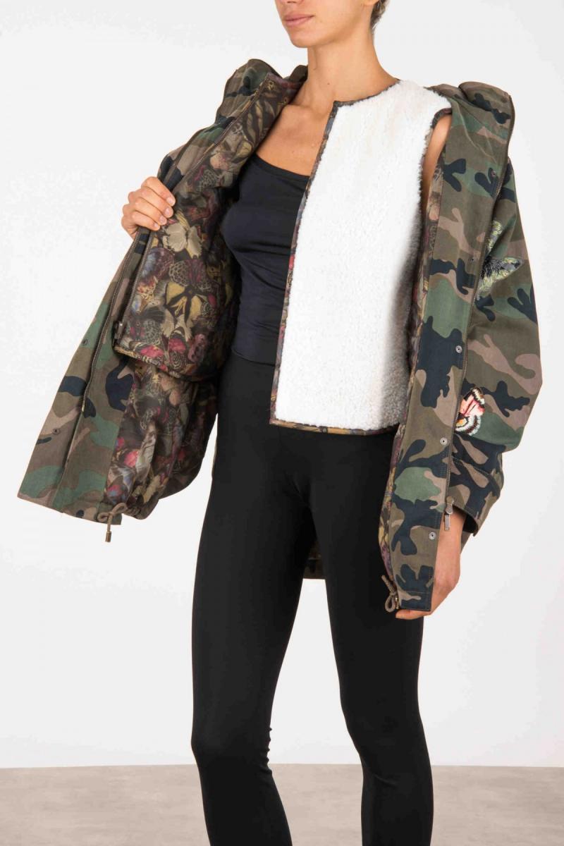 VALENTINO Camouflage parka + embroidered butterflies