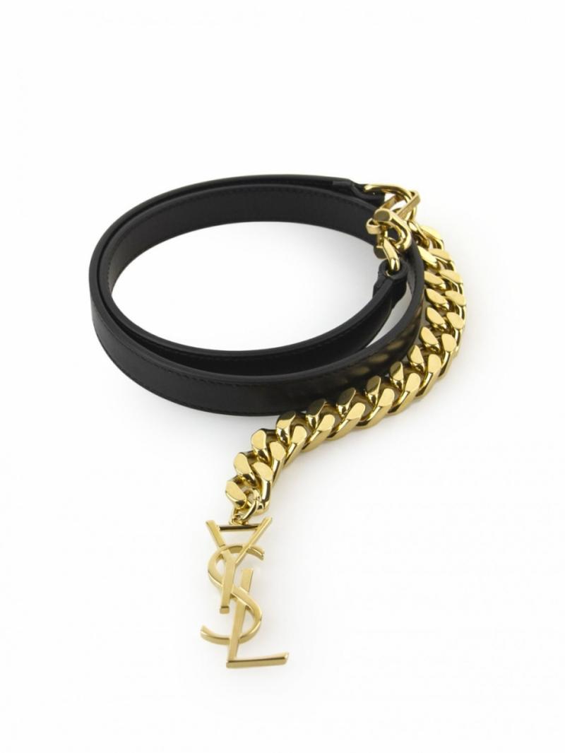 Saint Laurent black leather and gold monogramme belt with chain