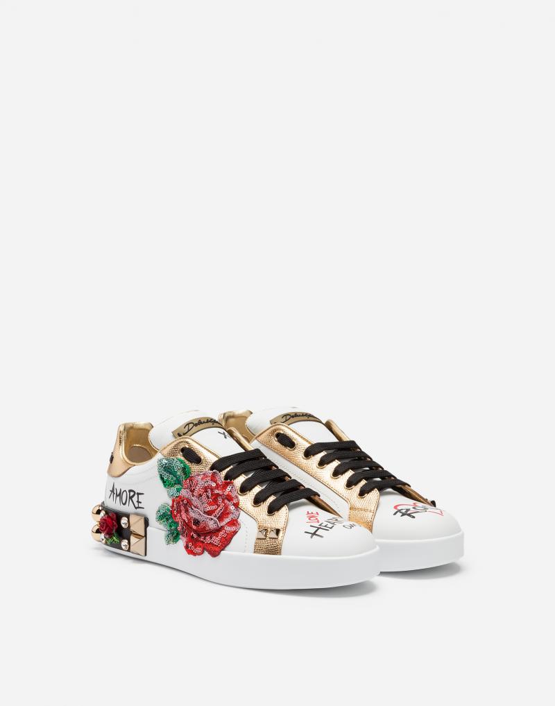 DOLCE&GABBANA sneakers in printed nappa calfskin with applications rose