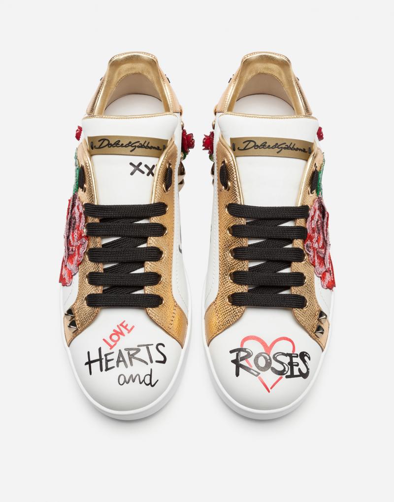 DOLCE&GABBANA sneakers in printed nappa calfskin with applications rose