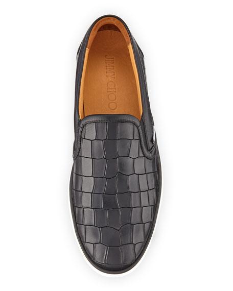JYMMY CHOO GROVE Black Croc Embossed Leather Slip On Trainers