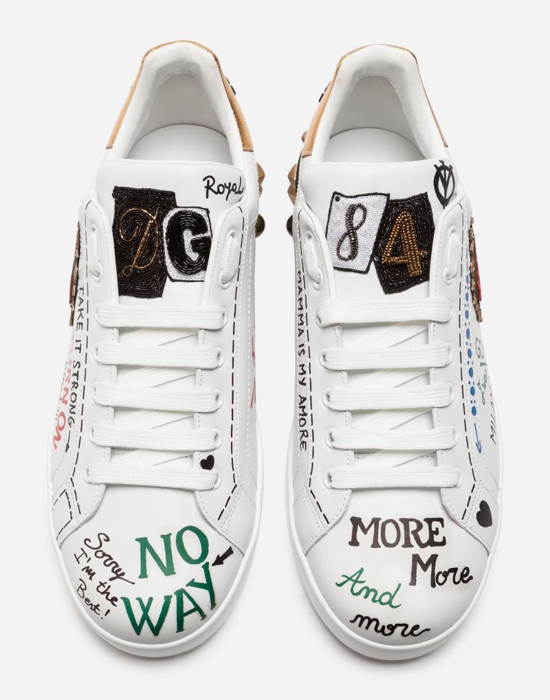 DOLCE&GABBANA  PRINTED CALFSKIN NAPPA PORTOFINO SNEAKERS WITH PATCH AND EMBROIDERY