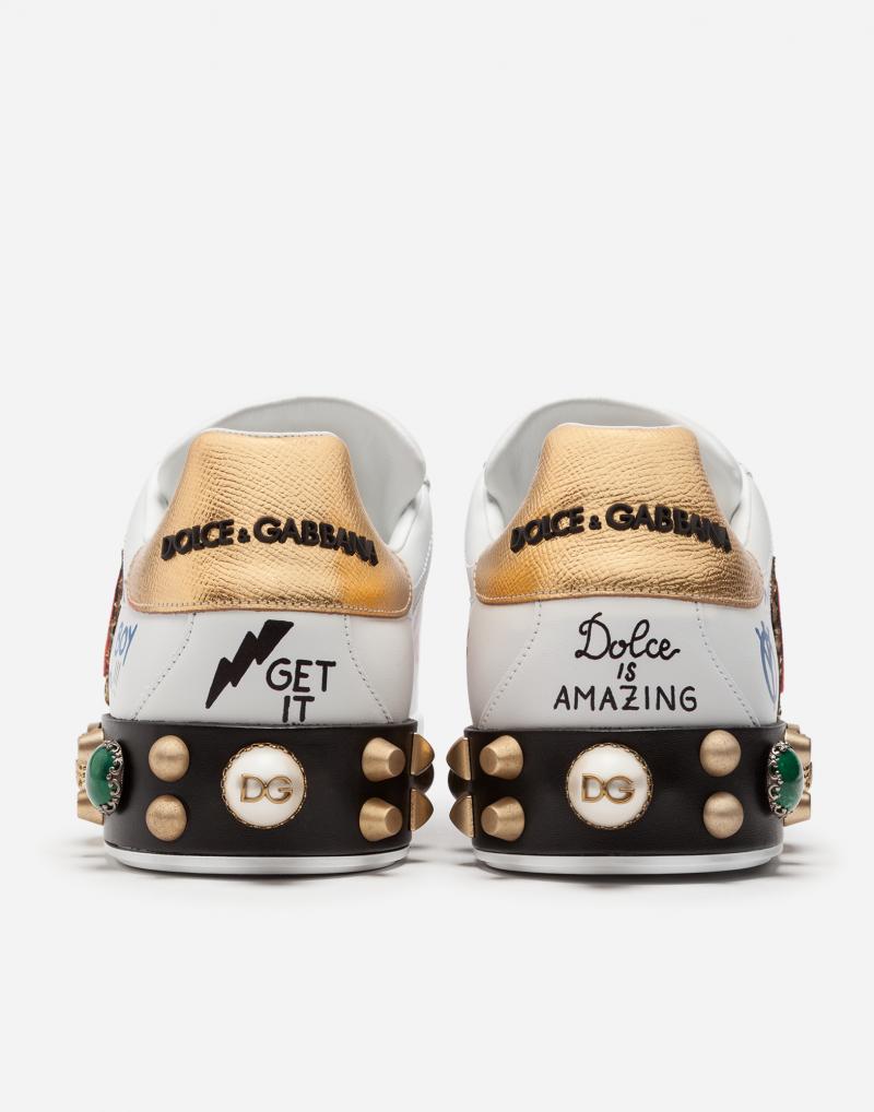 DOLCE&GABBANA  PRINTED CALFSKIN NAPPA PORTOFINO SNEAKERS WITH PATCH AND EMBROIDERY